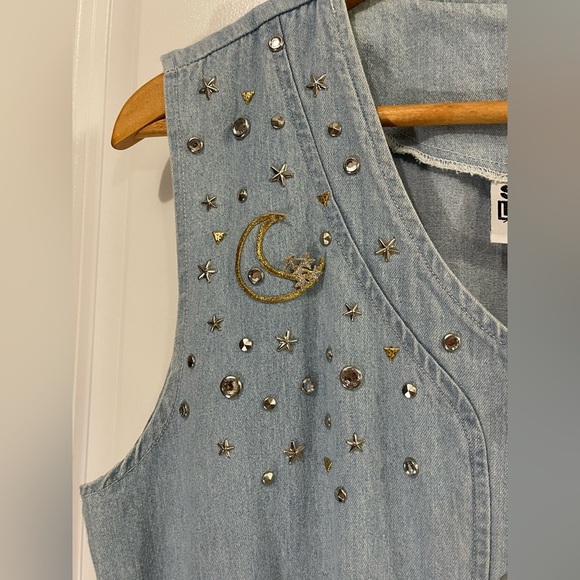 Vintage SPOTLIGHT Denim Romper size L with Pockets Bejewelled Sun and Moon - Picture 5 of 11